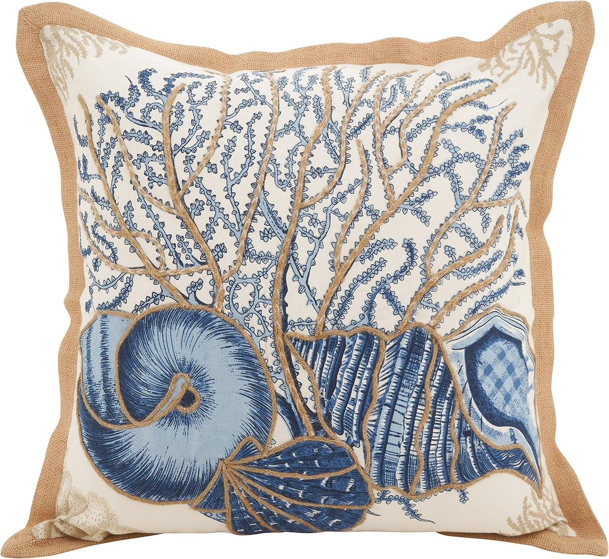 SARO LIFESTYLE Neptunian Coastal Throw Pillow – 20” x 20”, Woven Cotton Cover with Jute Trim, Zipper Closure, Down & Feather Insert – Spiral Shell, Navy Blue