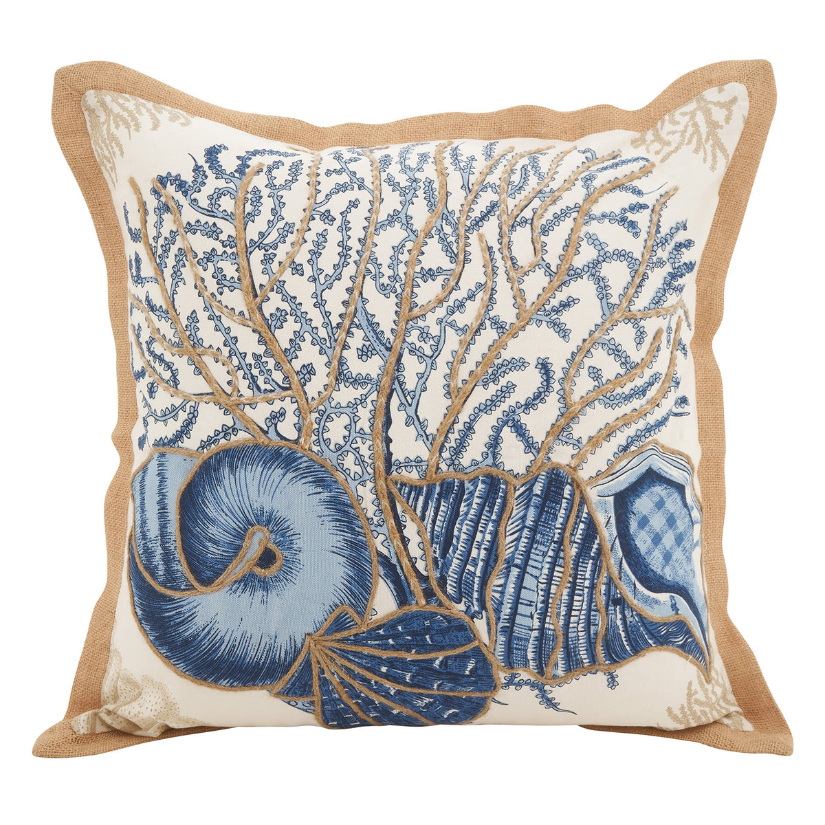 SARO LIFESTYLE Neptunian Coastal Throw Pillow – 20” x 20”, Woven Cotton Cover with Jute Trim, Zipper Closure, Down & Feather Insert – Spiral Shell, Navy Blue