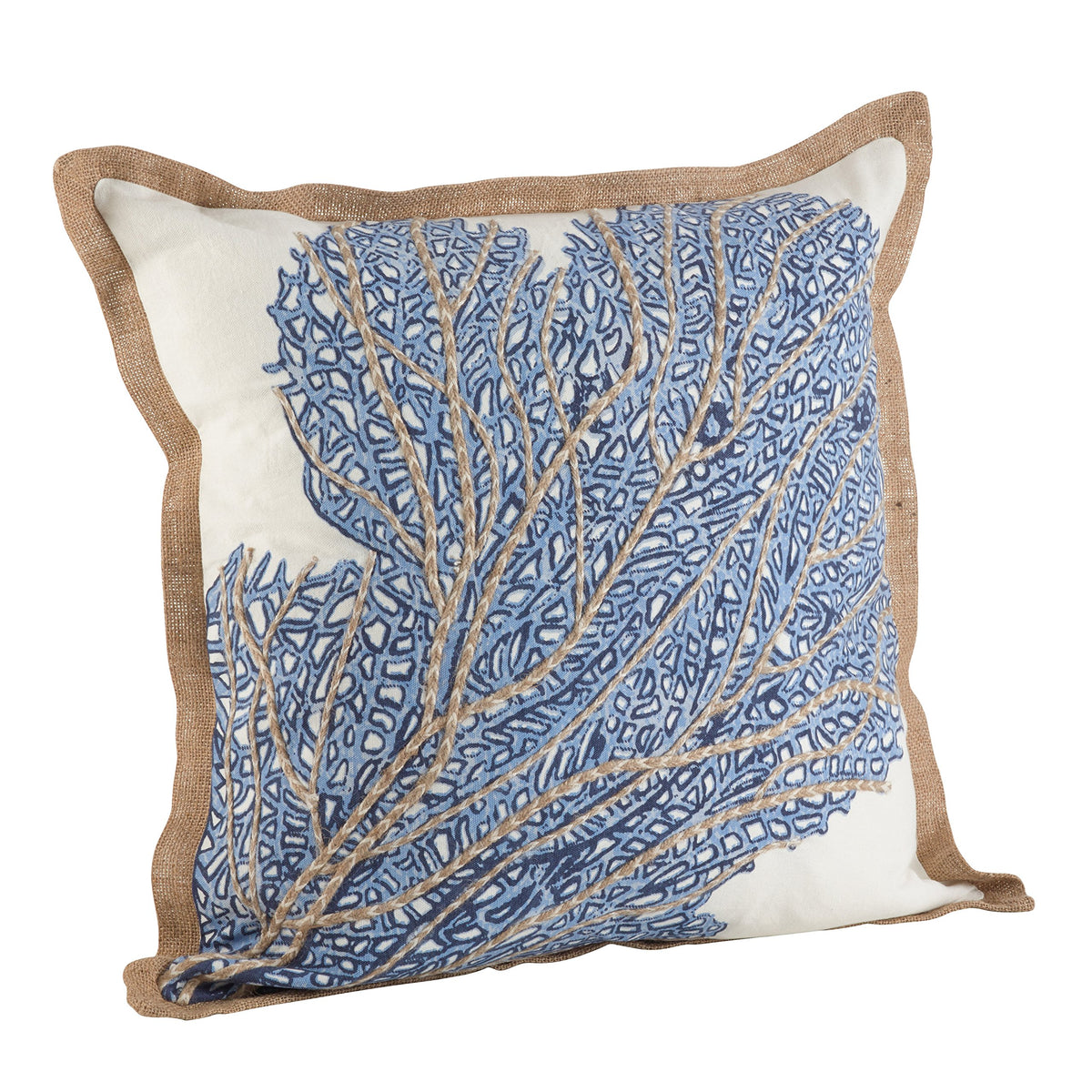 SARO LIFESTYLE Neptunian Coastal Throw Pillow – 20” x 20”, Woven Cotton Cover with Jute Trim, Zipper Closure, Down & Feather Insert – Spiral Shell, Navy Blue