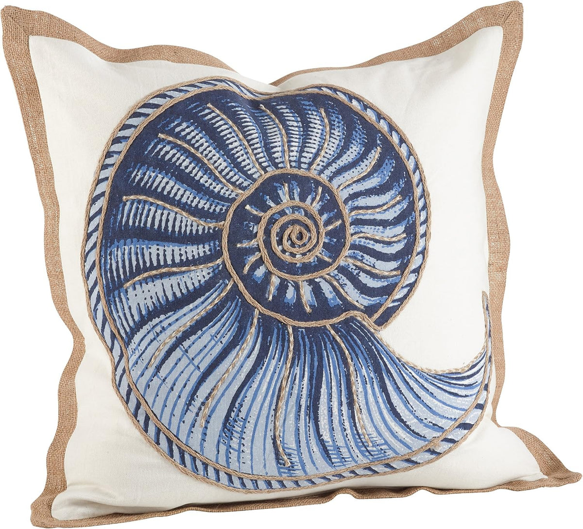 SARO LIFESTYLE Neptunian Coastal Throw Pillow – 20” x 20”, Woven Cotton Cover with Jute Trim, Zipper Closure, Down & Feather Insert – Spiral Shell, Navy Blue