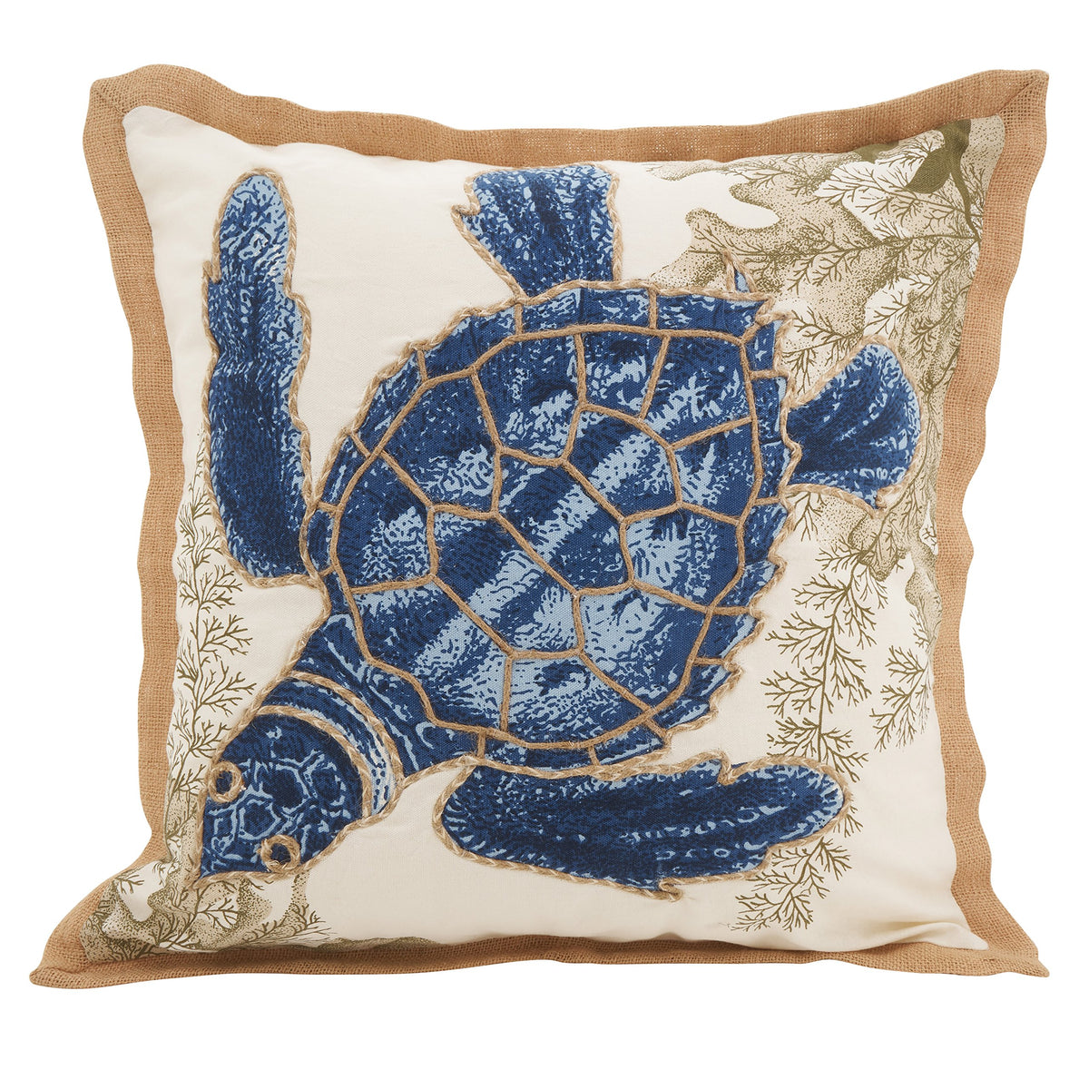 SARO LIFESTYLE Neptunian Coastal Throw Pillow – 20” x 20”, Woven Cotton Cover with Jute Trim, Zipper Closure, Down & Feather Insert – Spiral Shell, Navy Blue