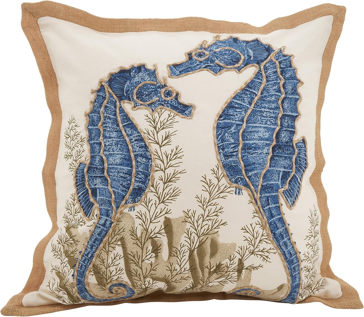 SARO LIFESTYLE Neptunian Coastal Throw Pillow – 20” x 20”, Woven Cotton Cover with Jute Trim, Zipper Closure, Down & Feather Insert – Spiral Shell, Navy Blue