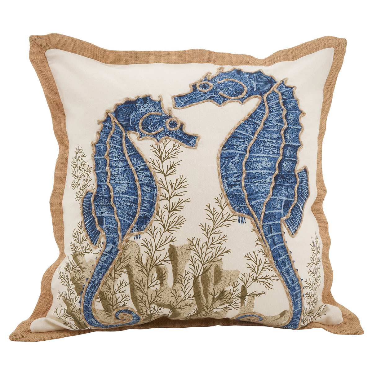 SARO LIFESTYLE Neptunian Coastal Throw Pillow – 20” x 20”, Woven Cotton Cover with Jute Trim, Zipper Closure, Down & Feather Insert – Spiral Shell, Navy Blue
